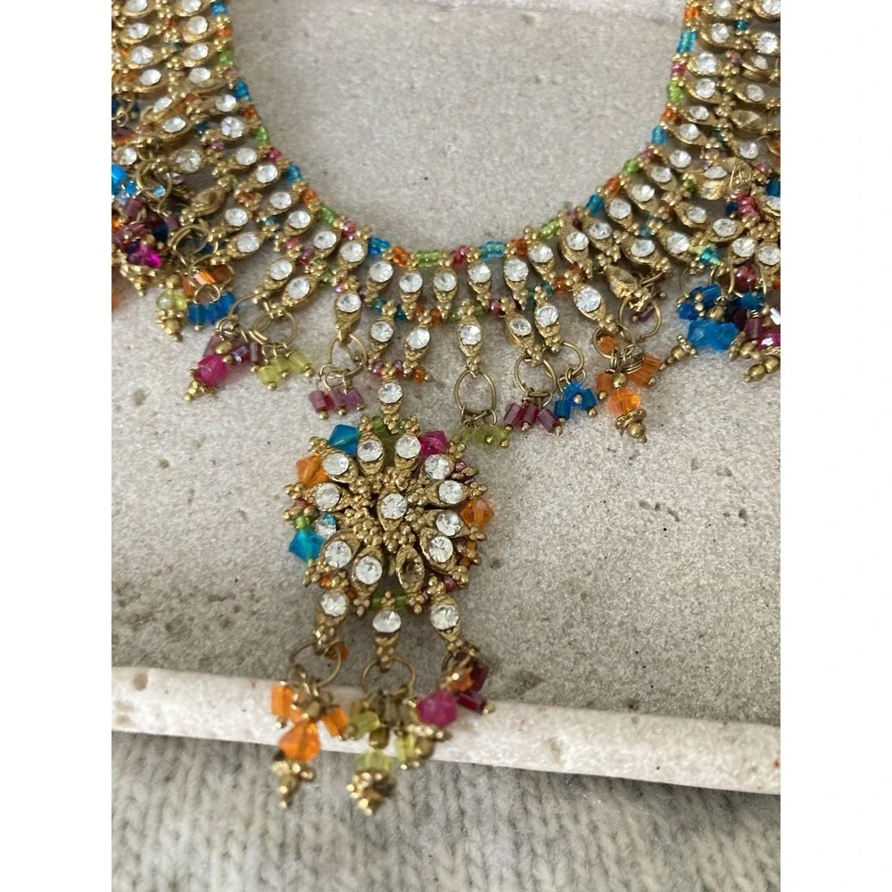 Gold Tone Rhinestone Bib Necklace‎ Multicolor Beaded Dangle Bollywood Bling